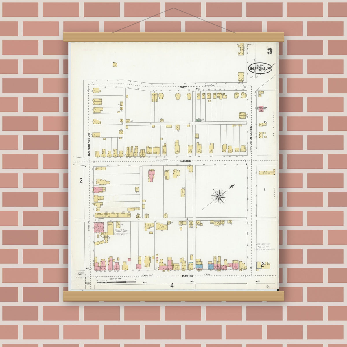 Old map wall art mockup — magnetic wood frame on brick wall — Sanborn Fire Insurance Map from Shippensburg, Cumberland And Franklin Counties, Pennsylvania (1904), Sheet #0003