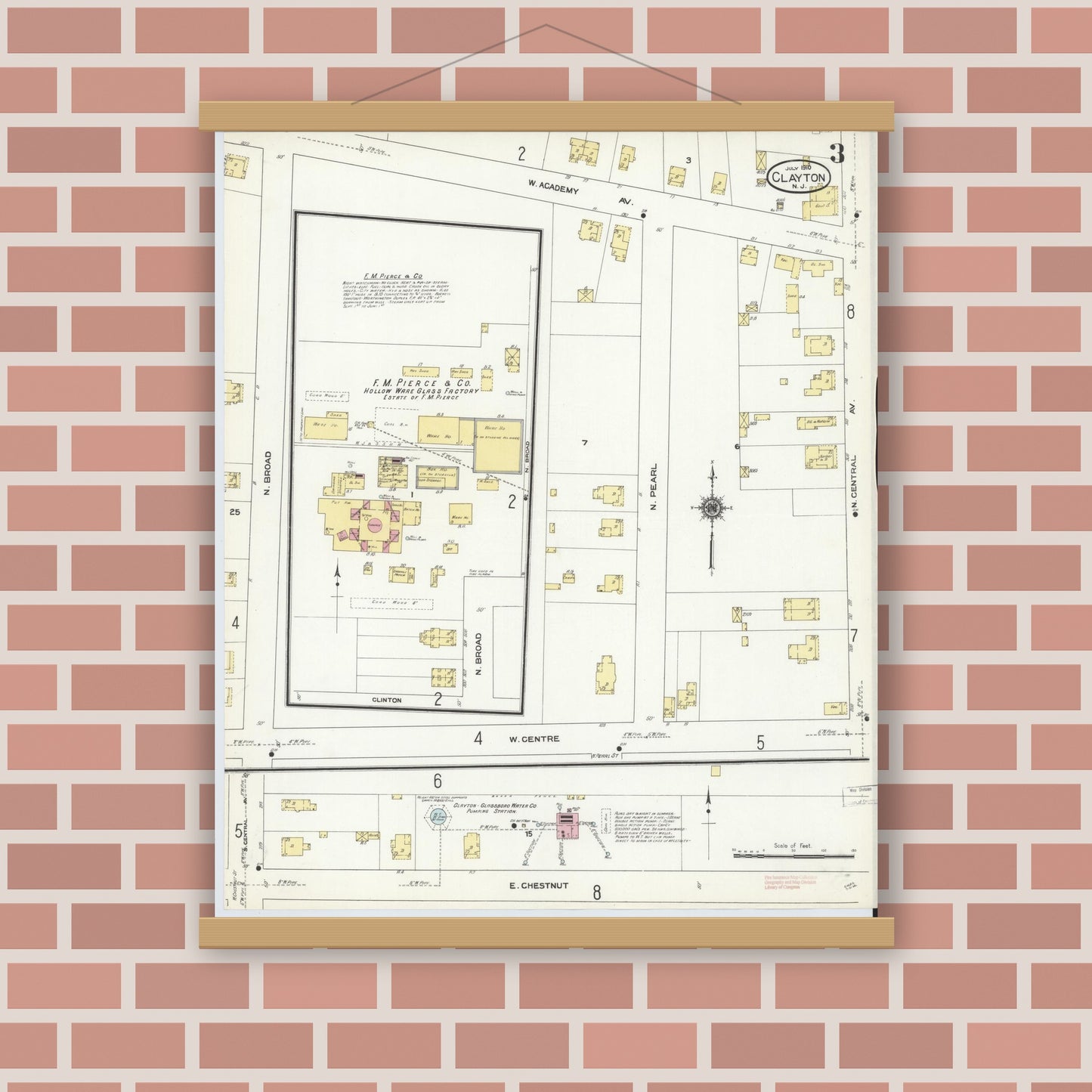 Old map wall art mockup — magnetic wood frame on brick wall — Sanborn Fire Insurance Map from Clayton, Gloucester County, New Jersey (1910), Sheet #0003