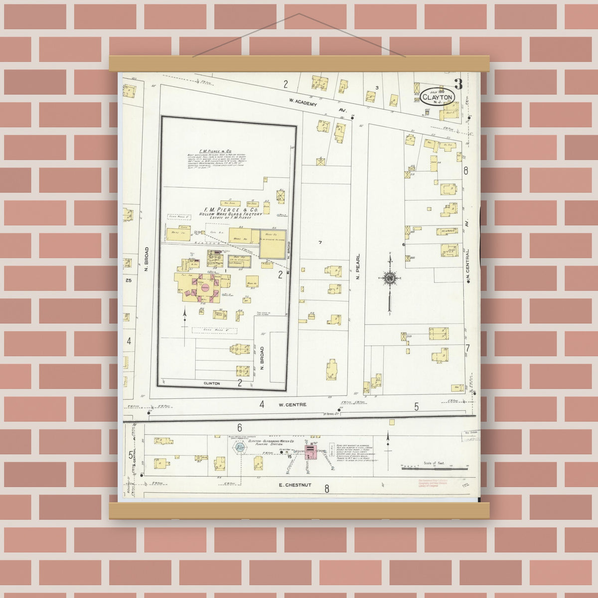 Old map wall art mockup — magnetic wood frame on brick wall — Sanborn Fire Insurance Map from Clayton, Gloucester County, New Jersey (1910), Sheet #0003
