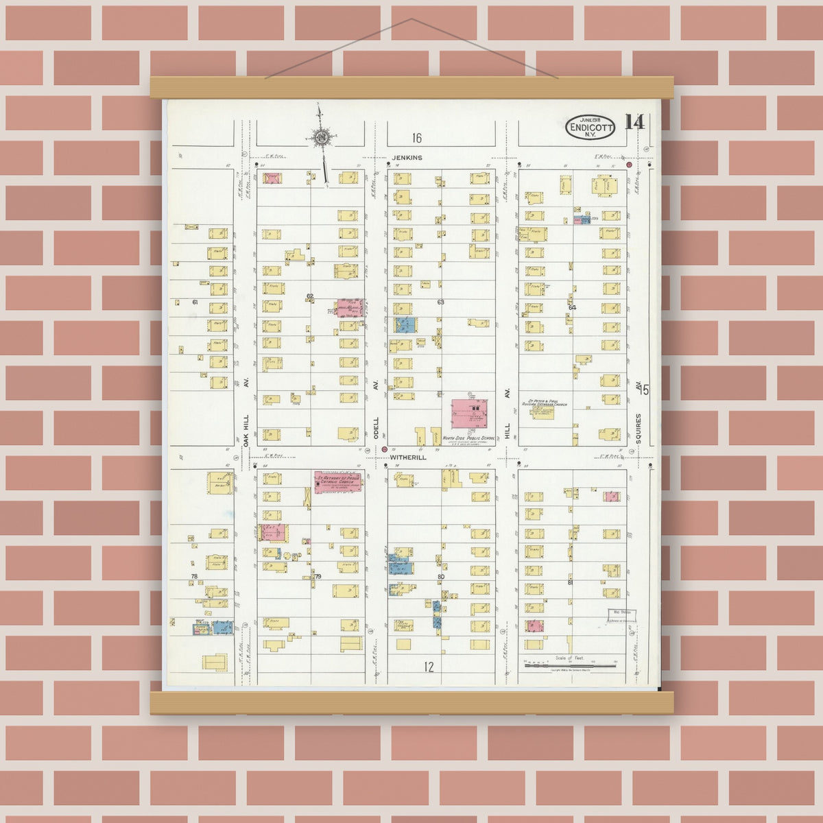 Old map wall art mockup — magnetic wood frame on brick wall — Sanborn Fire Insurance Map from Endicott, Broome County, New York (1918), Sheet #0014