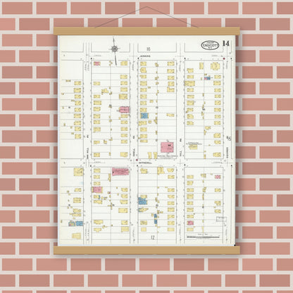 Old map wall art mockup — magnetic wood frame on brick wall — Sanborn Fire Insurance Map from Endicott, Broome County, New York (1918), Sheet #0014