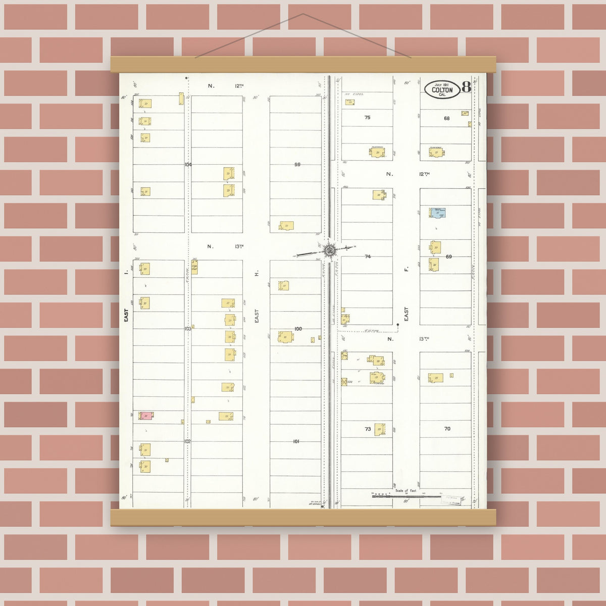 Old map wall art mockup — magnetic wood frame on brick wall — Sanborn Fire Insurance Map from Colton, San Bernardino County, California (1911), Sheet #0008