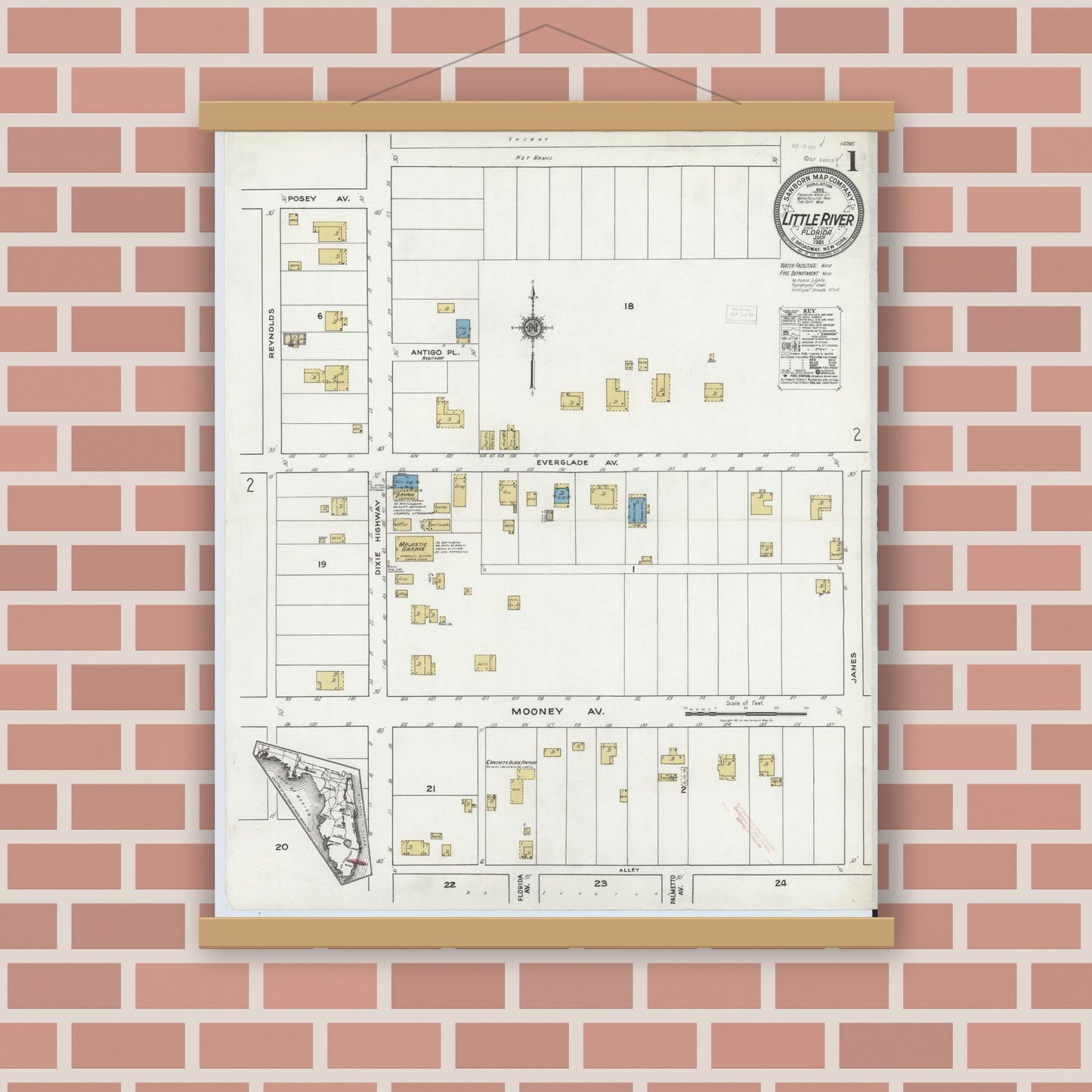 Old map wall art mockup — magnetic wood frame on brick wall — Sanborn Fire Insurance Map from Little River, Dade County, Florida (1921) - Complete Map Set