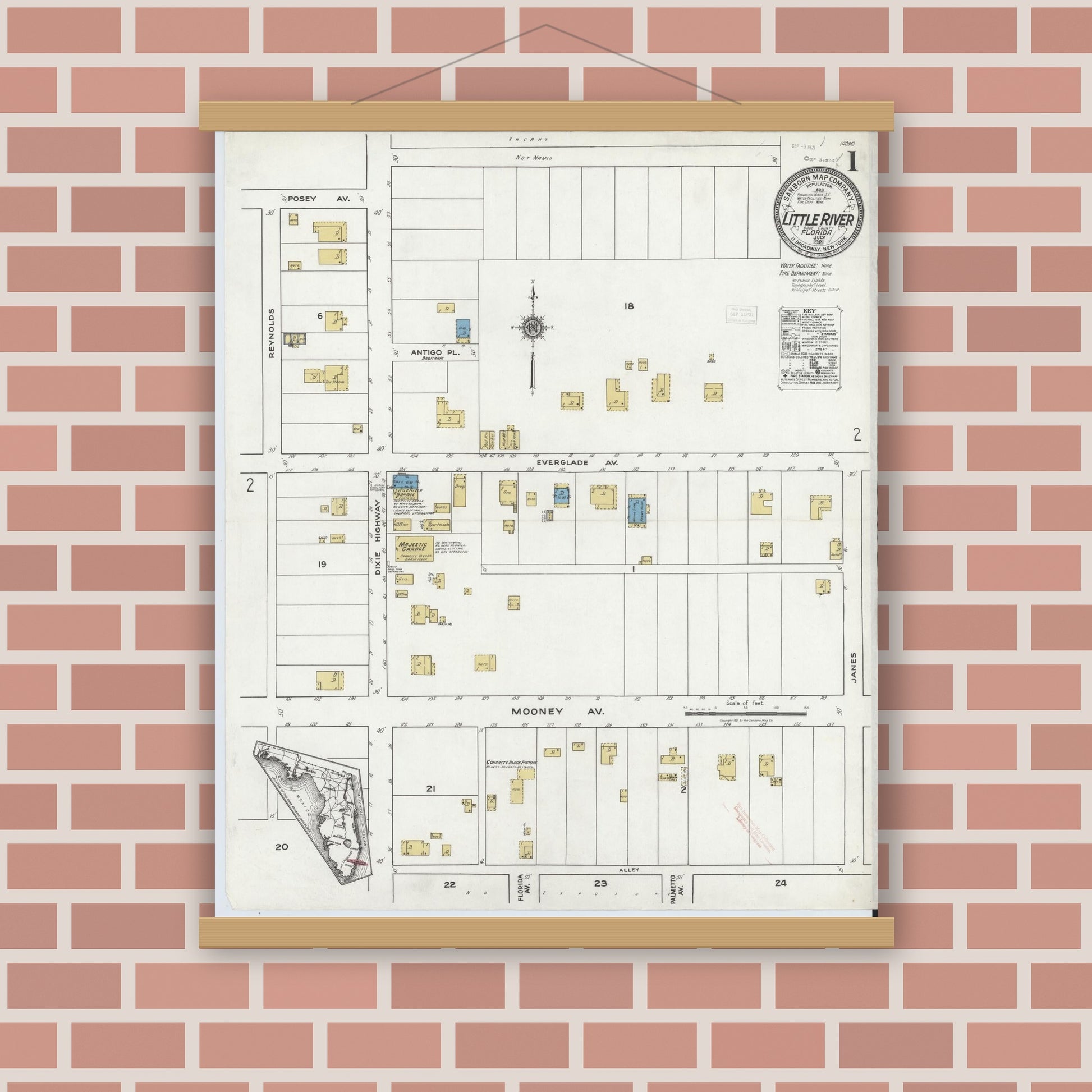 Old map wall art mockup — magnetic wood frame on brick wall — Sanborn Fire Insurance Map from Little River, Dade County, Florida (1921) - Complete Map Set