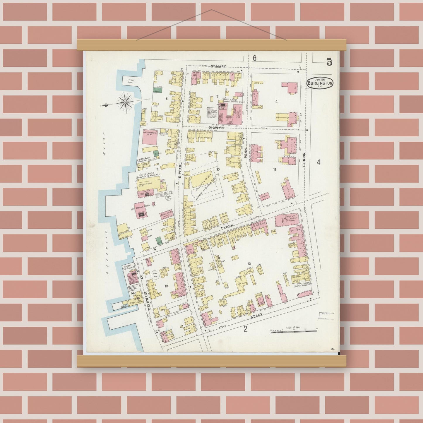 Old map wall art mockup — magnetic wood frame on brick wall — Sanborn Fire Insurance Map from Burlington, Burlington County, New Jersey (1896), Sheet #0005