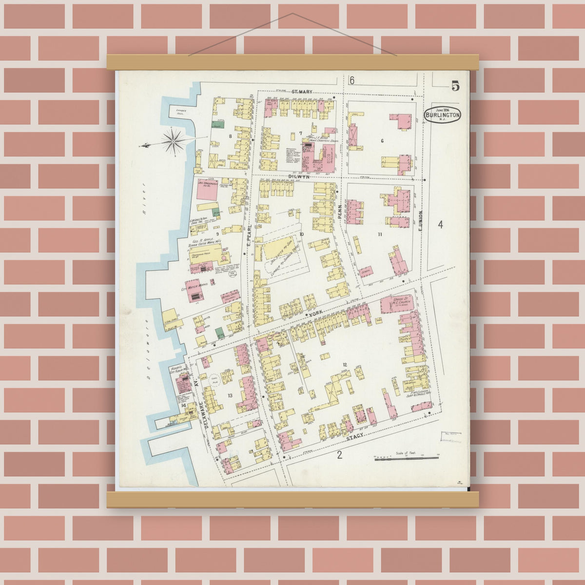 Old map wall art mockup — magnetic wood frame on brick wall — Sanborn Fire Insurance Map from Burlington, Burlington County, New Jersey (1896), Sheet #0005