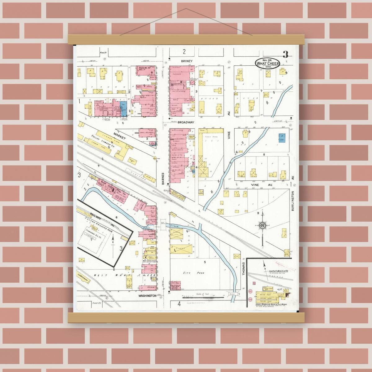 Old map wall art mockup — magnetic wood frame on brick wall — Sanborn Fire Insurance Map from What Cheer, Keokuk County, Iowa (1916), Sheet #0003