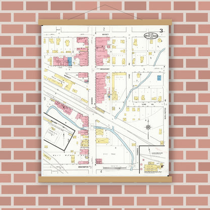 Old map wall art mockup — magnetic wood frame on brick wall — Sanborn Fire Insurance Map from What Cheer, Keokuk County, Iowa (1916), Sheet #0003