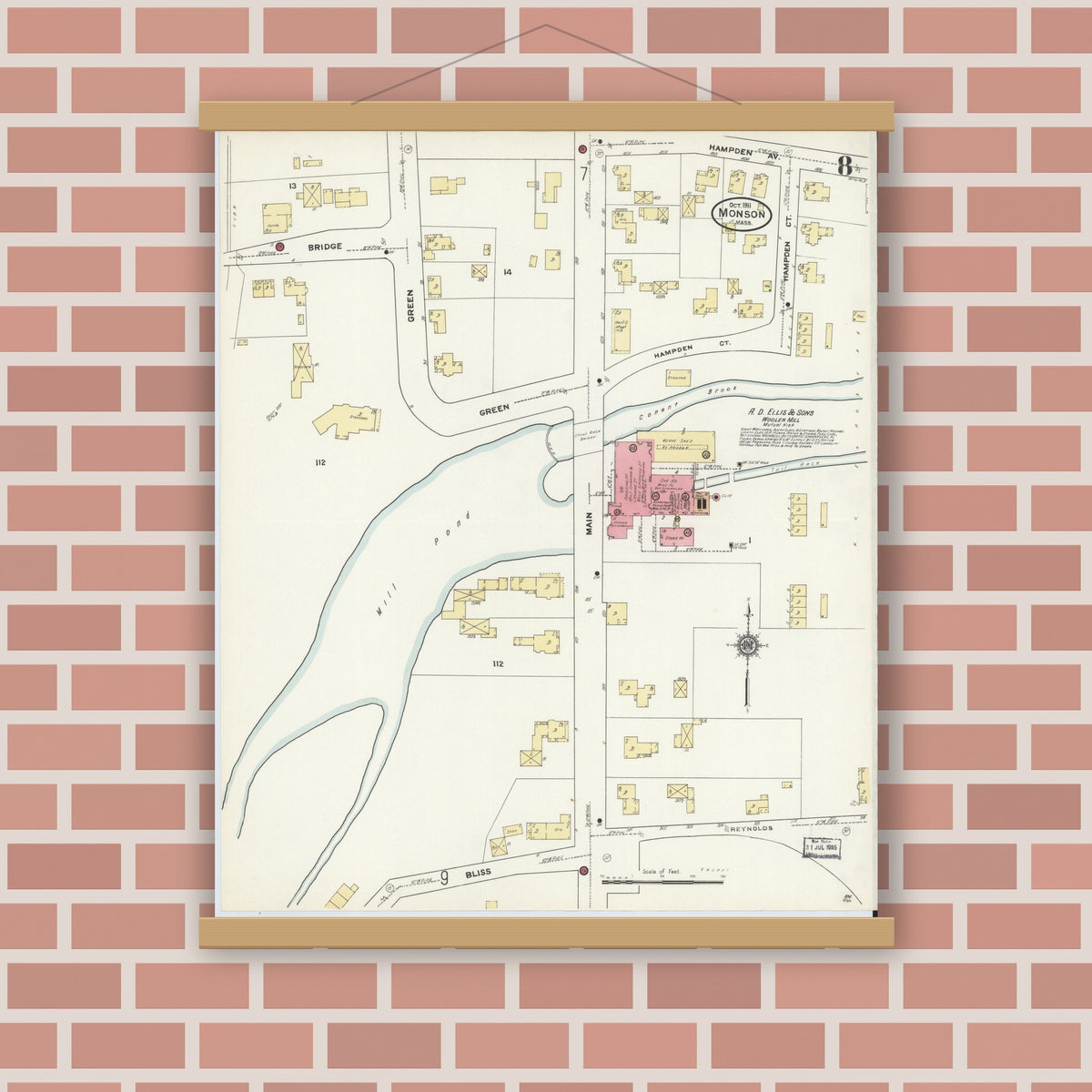 Old map wall art mockup — magnetic wood frame on brick wall — Sanborn Fire Insurance Map from Monson, Hampden County, Massachusetts (1911), Sheet #0008