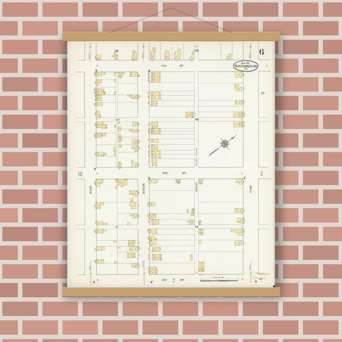 Old map wall art mockup — magnetic wood frame on brick wall — Sanborn Fire Insurance Map from Northumberland, Northumberland County, Pennsylvania (1913), Sheet #0006