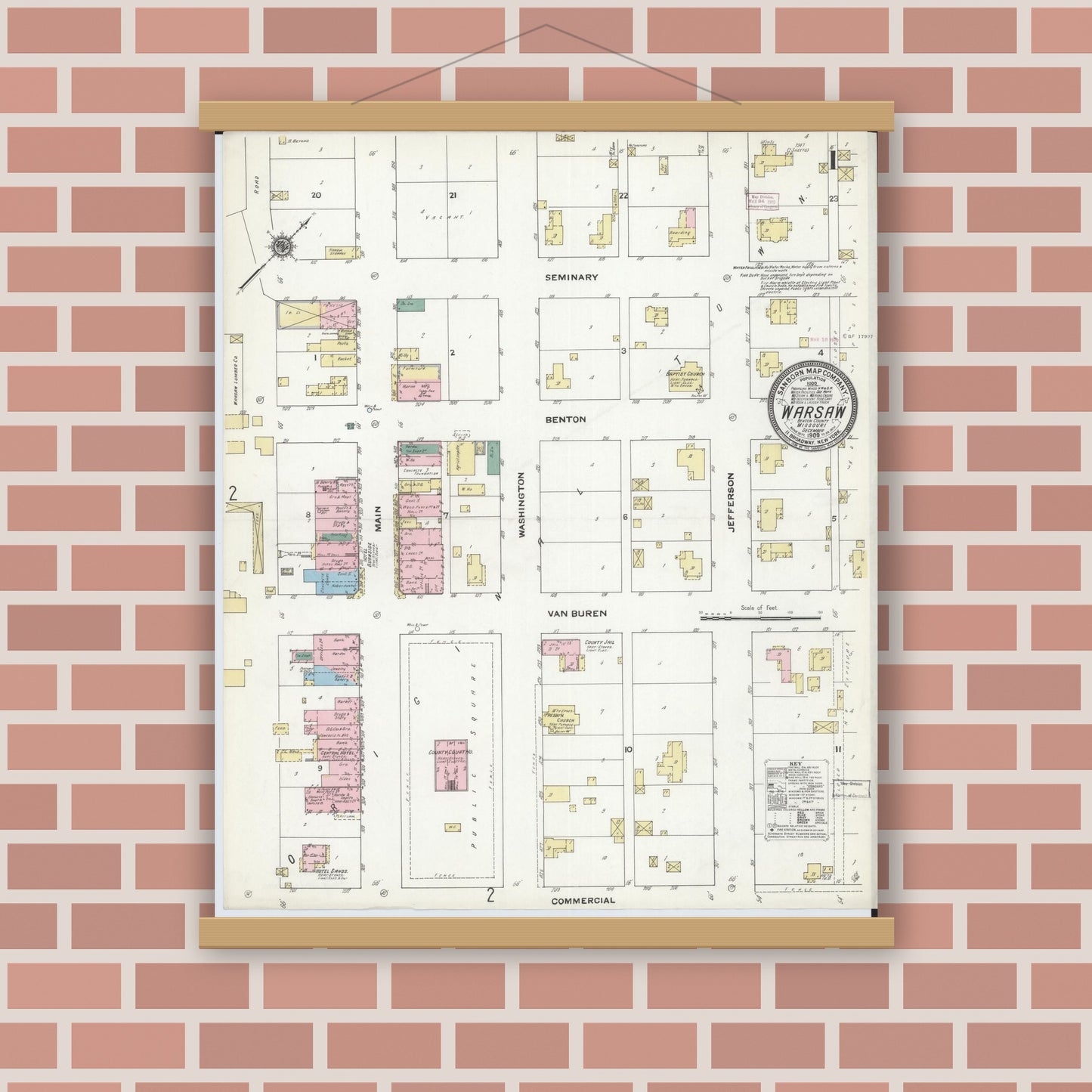 Old map wall art mockup — magnetic wood frame on brick wall — Sanborn Fire Insurance Map from Warsaw, Benton County, Missouri (1909), Sheet #0001