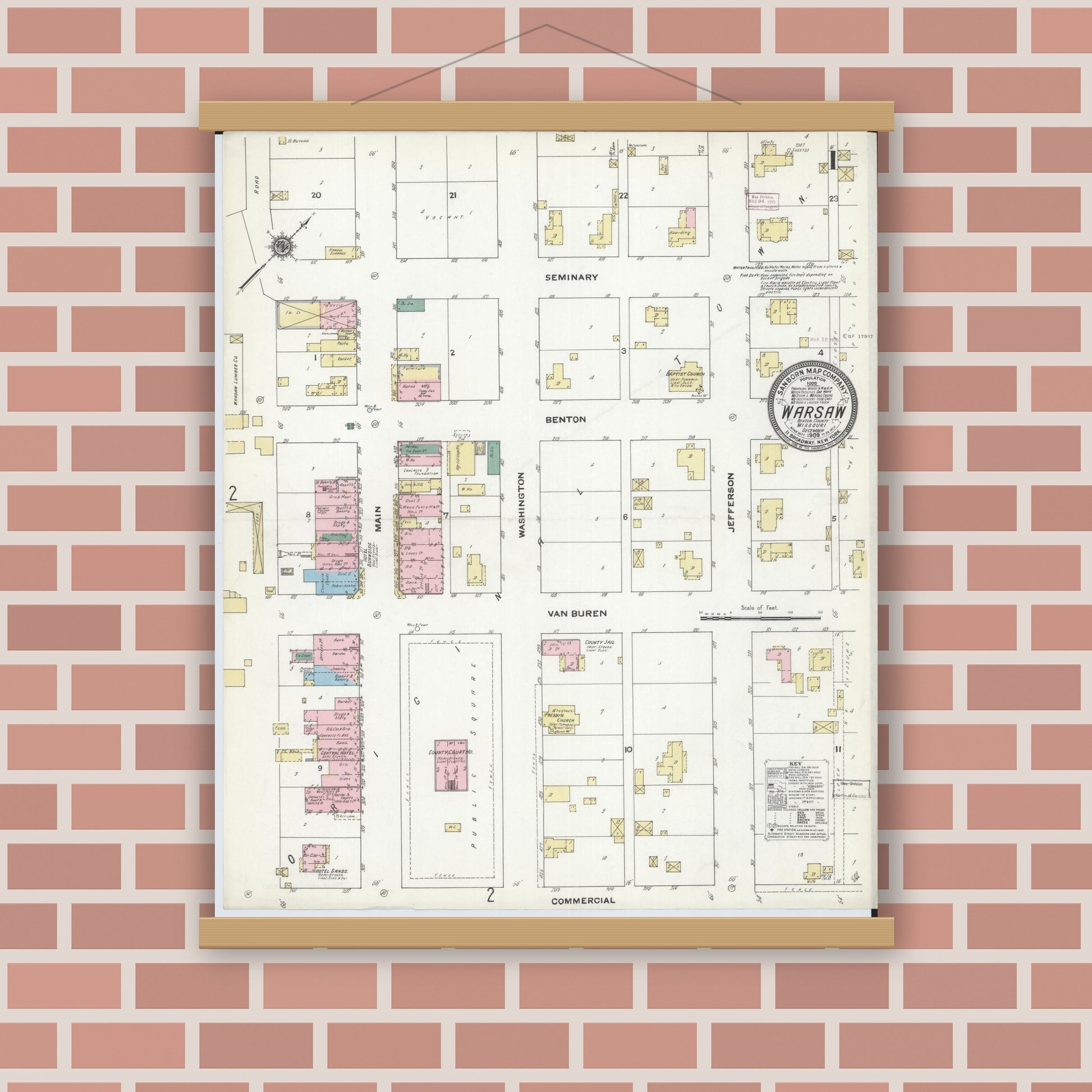 Old map wall art mockup — magnetic wood frame on brick wall — Sanborn Fire Insurance Map from Warsaw, Benton County, Missouri (1909), Sheet #0001