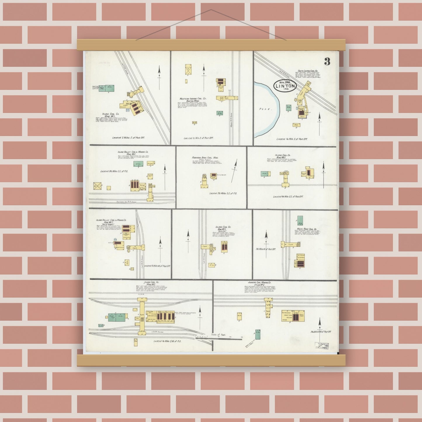 Old map wall art mockup — magnetic wood frame on brick wall — Sanborn Fire Insurance Map from Linton, Greene County, Indiana (1904), Sheet #0003