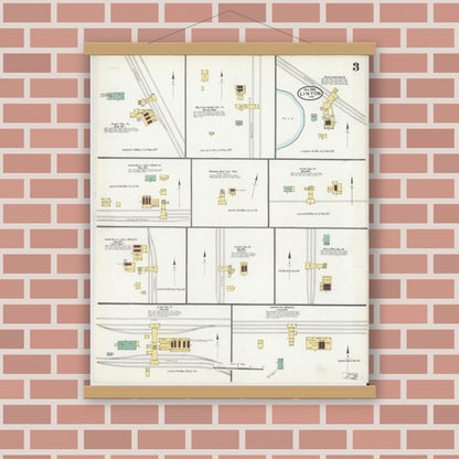 Old map wall art mockup — magnetic wood frame on brick wall — Sanborn Fire Insurance Map from Linton, Greene County, Indiana (1904), Sheet #0003