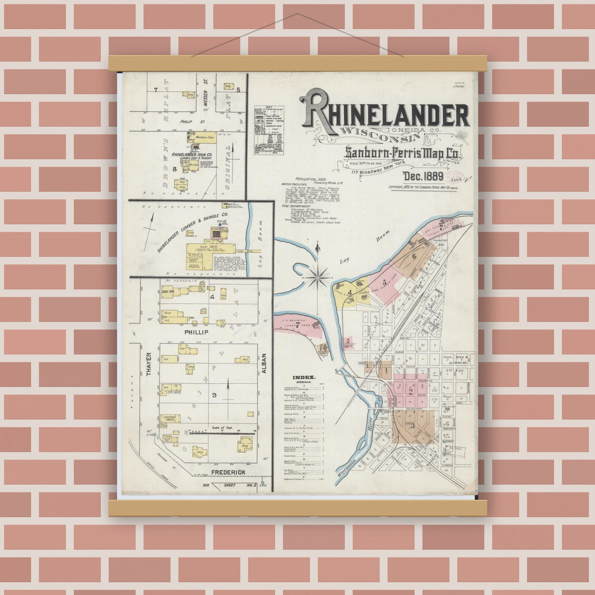 Old map wall art mockup — magnetic wood frame on brick wall — Sanborn Fire Insurance Map from Rhinelander, Oneida County, Wisconsin (1889) - Complete Map Set