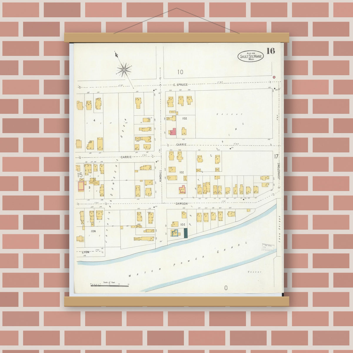 Old map wall art mockup — magnetic wood frame on brick wall — Sanborn Fire Insurance Map from Sault Sainte Marie, Chippewa County, Michigan (1906), Sheet #0016
