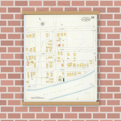 Old map wall art mockup — magnetic wood frame on brick wall — Sanborn Fire Insurance Map from Sault Sainte Marie, Chippewa County, Michigan (1906), Sheet #0016