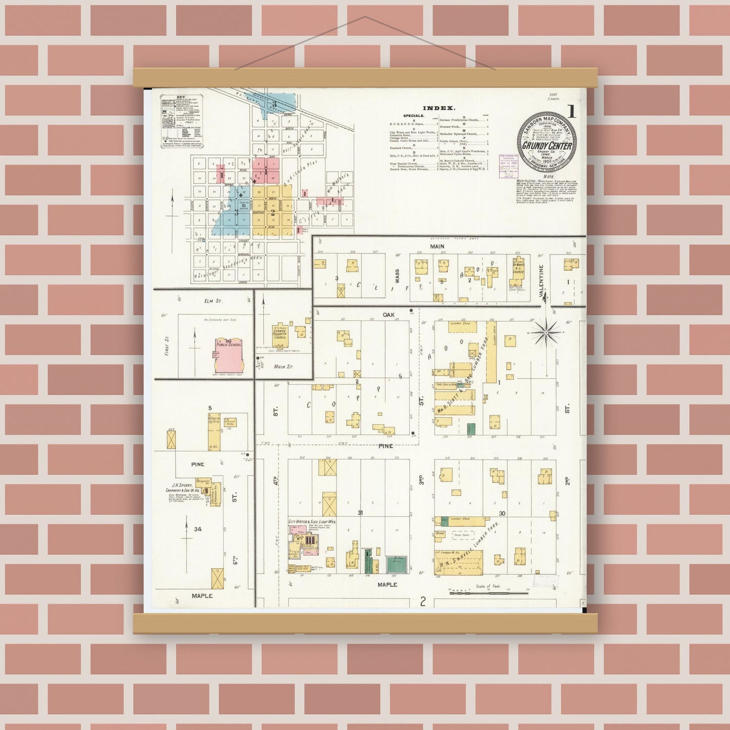 Old map wall art mockup — magnetic wood frame on brick wall — Sanborn Fire Insurance Map from Grundy Center, Grundy County, Iowa (1902) â€” Complete Set
