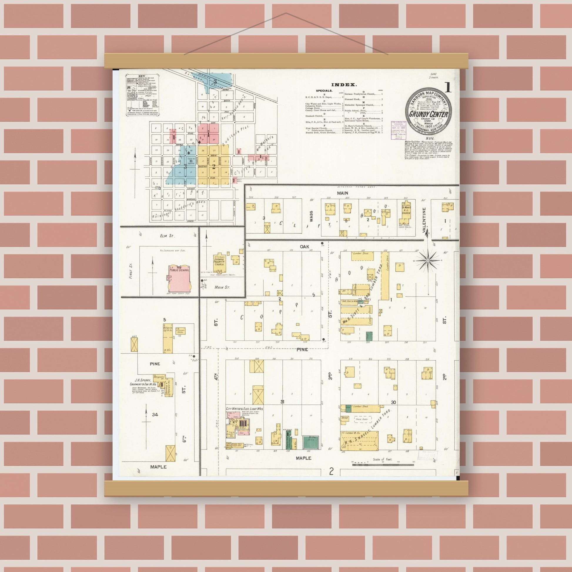 Old map wall art mockup — magnetic wood frame on brick wall — Sanborn Fire Insurance Map from Grundy Center, Grundy County, Iowa (1902) â€” Complete Set