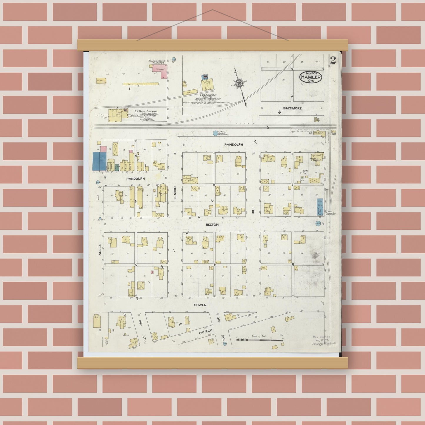 Old map wall art mockup — magnetic wood frame on brick wall — Sanborn Fire Insurance Map from Hamler, Henry County, Ohio (1909), Sheet #0002