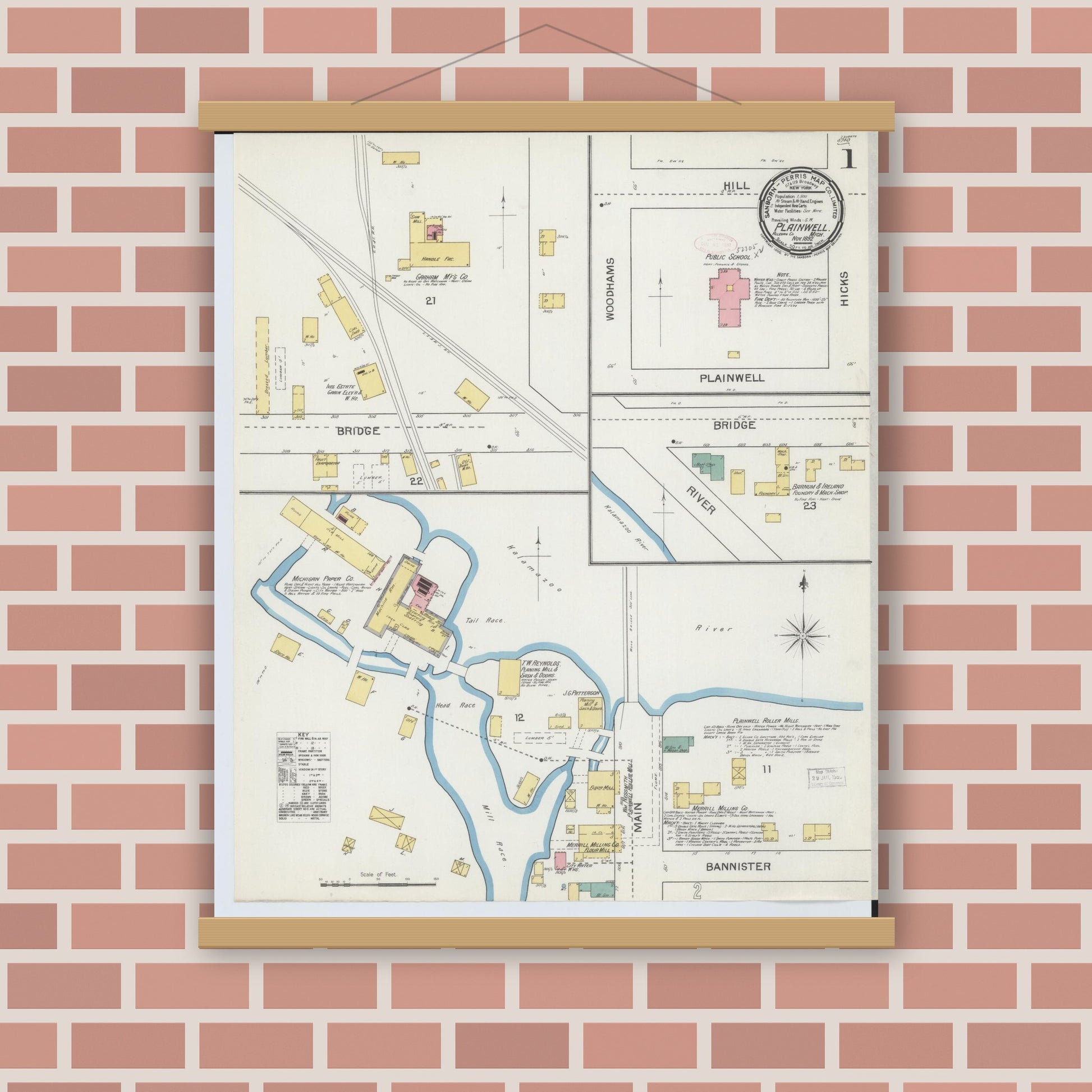 Old map wall art mockup — magnetic wood frame on brick wall — Sanborn Fire Insurance Map from Plainwell, Allegan County, Michigan (1892) - Complete Map Set