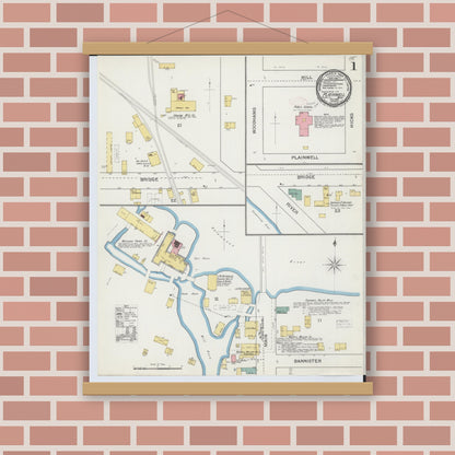 Old map wall art mockup — magnetic wood frame on brick wall — Sanborn Fire Insurance Map from Plainwell, Allegan County, Michigan (1892) - Complete Map Set