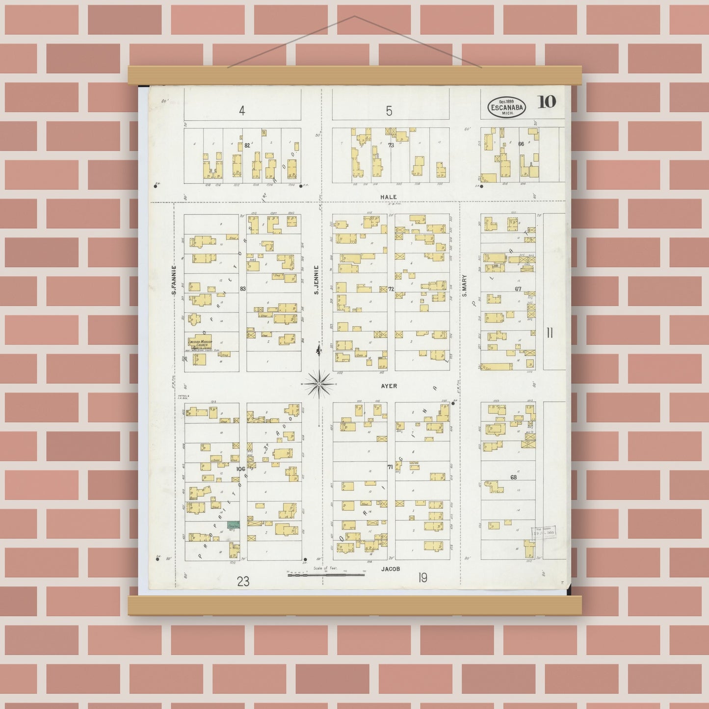 Old map wall art mockup — magnetic wood frame on brick wall — Sanborn Fire Insurance Map from Escanaba, Delta County, Michigan (1899), Sheet #0010