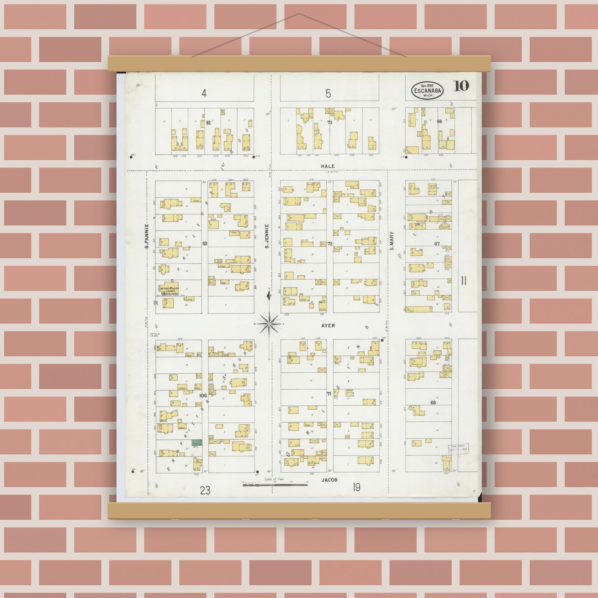 Old map wall art mockup — magnetic wood frame on brick wall — Sanborn Fire Insurance Map from Escanaba, Delta County, Michigan (1899), Sheet #0010