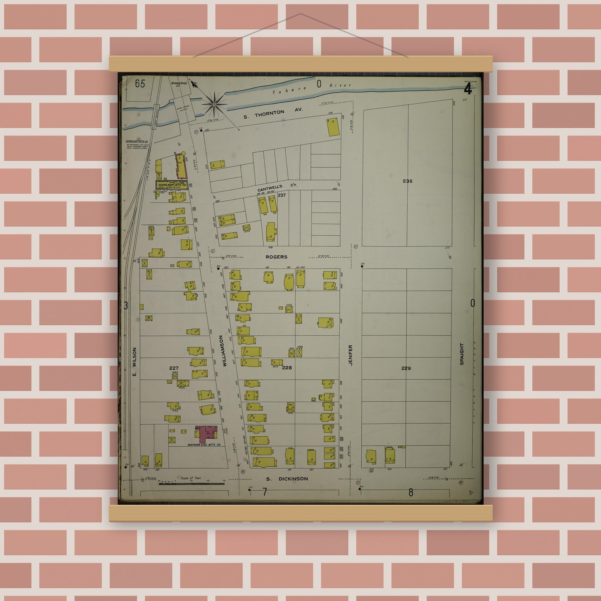 Old map wall art mockup — magnetic wood frame on brick wall — Sanborn Fire Insurance Map from Madison, Dane County, Wisconsin (1908), Sheet #0004