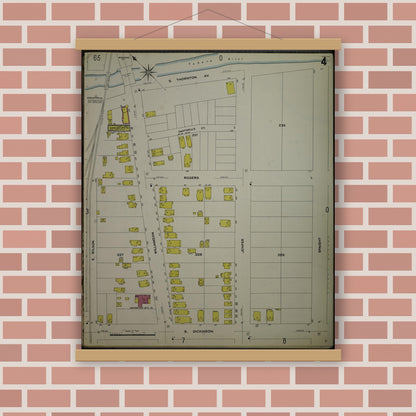 Old map wall art mockup — magnetic wood frame on brick wall — Sanborn Fire Insurance Map from Madison, Dane County, Wisconsin (1908), Sheet #0004