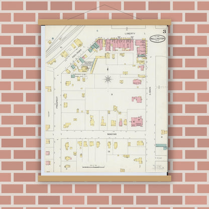 Old map wall art mockup — magnetic wood frame on brick wall — Sanborn Fire Insurance Map from Wellington, Lorain County, Ohio (1893), Sheet #0003