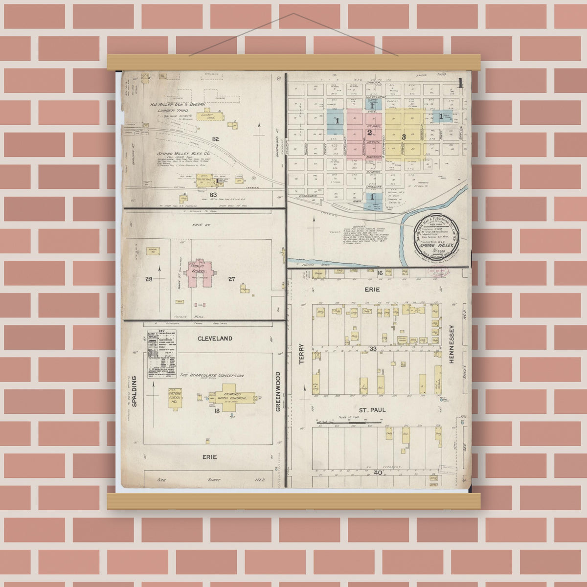 Old map wall art mockup — magnetic wood frame on brick wall — Sanborn Fire Insurance Map from Spring Valley, Bureau County, Illinois (1888) - Complete Map Set
