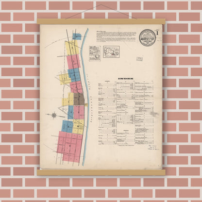 Old map wall art mockup — magnetic wood frame on brick wall — Sanborn Fire Insurance Map from Marietta, Lancaster County, Pennsylvania (1922), Sheet #0001