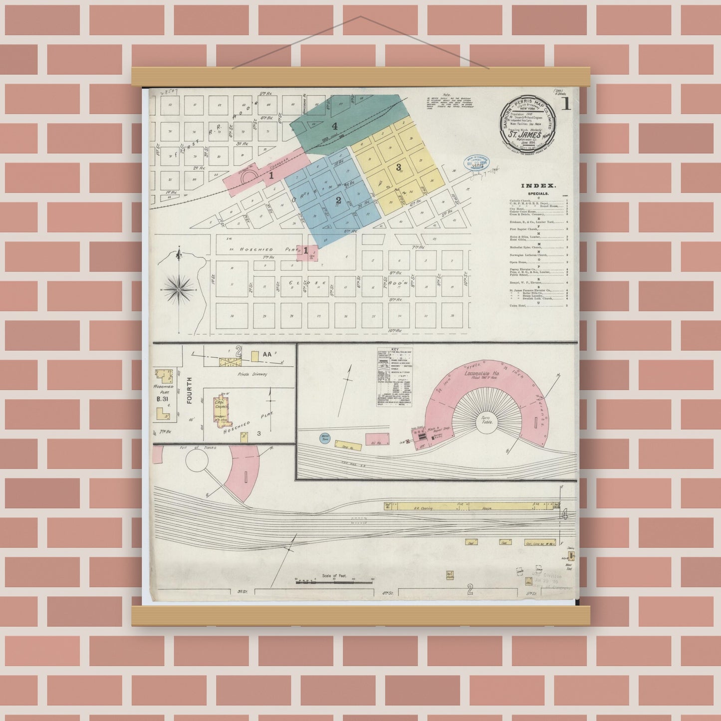 Old map wall art mockup — magnetic wood frame on brick wall — Sanborn Fire Insurance Map from Saint James, Watonwan County, Minnesota (1894) - Complete Map Set
