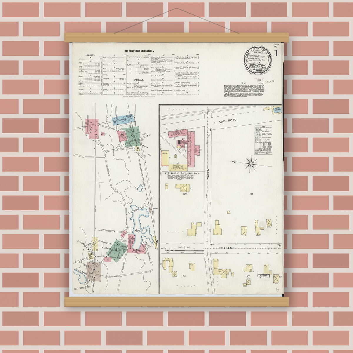 Old map wall art mockup — magnetic wood frame on brick wall — Sanborn Fire Insurance Map from Abington, Plymouth County, Massachusetts (1896) - Complete Map Set