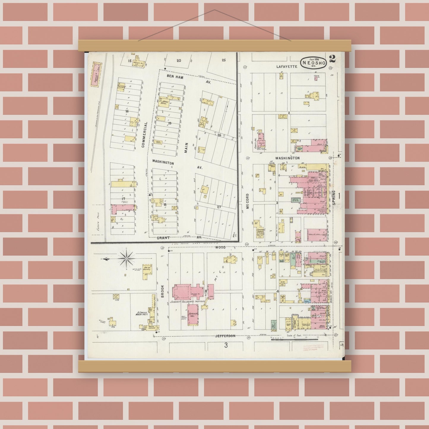 Old map wall art mockup — magnetic wood frame on brick wall — Sanborn Fire Insurance Map from Neosho, Newton County, Missouri (1896), Sheet #0002