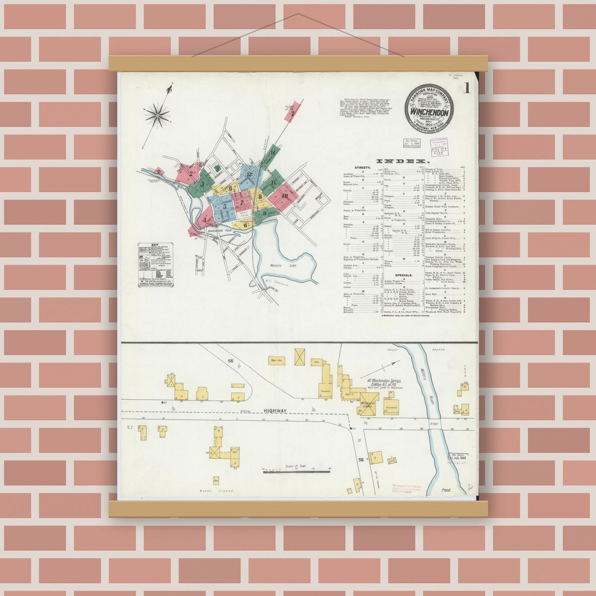 Old map wall art mockup — magnetic wood frame on brick wall — Sanborn Fire Insurance Map from Winchendon, Worcester County, Massachusetts (1904) - Complete Map Set