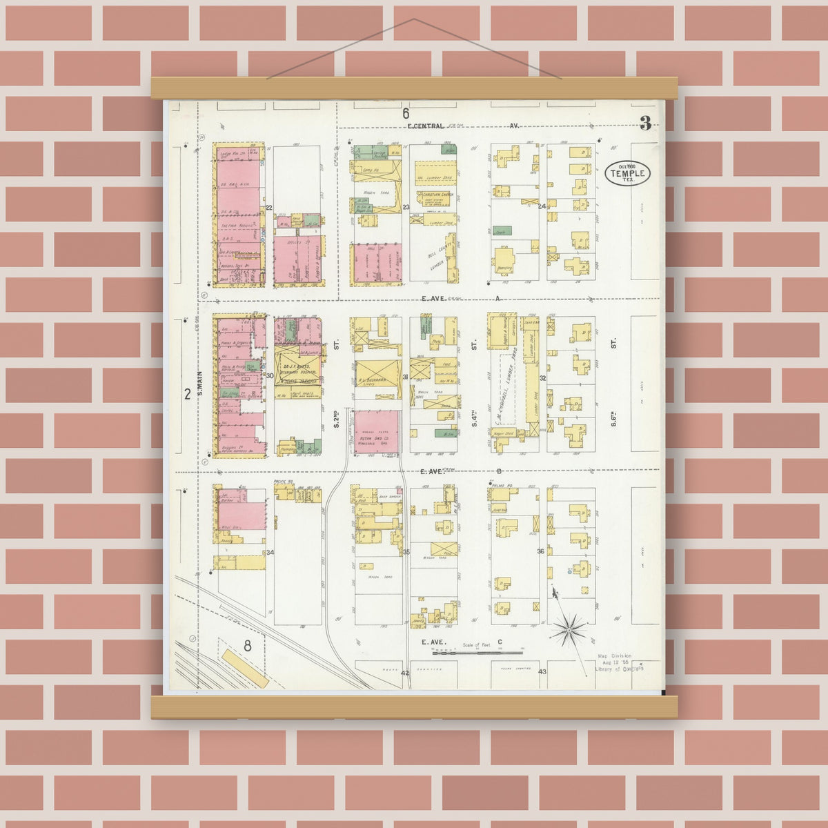 Old map wall art mockup — magnetic wood frame on brick wall — Sanborn Fire Insurance Map from Temple, Bell County, Texas (1900), Sheet #0003
