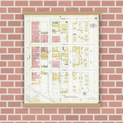 Old map wall art mockup — magnetic wood frame on brick wall — Sanborn Fire Insurance Map from Temple, Bell County, Texas (1900), Sheet #0003