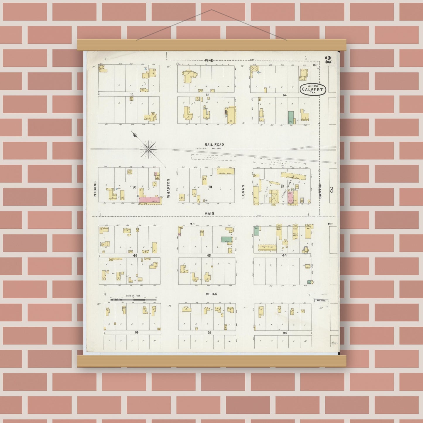 Old map wall art mockup — magnetic wood frame on brick wall — Sanborn Fire Insurance Map from Calvert, Robertson County, Texas (1896), Sheet #0002