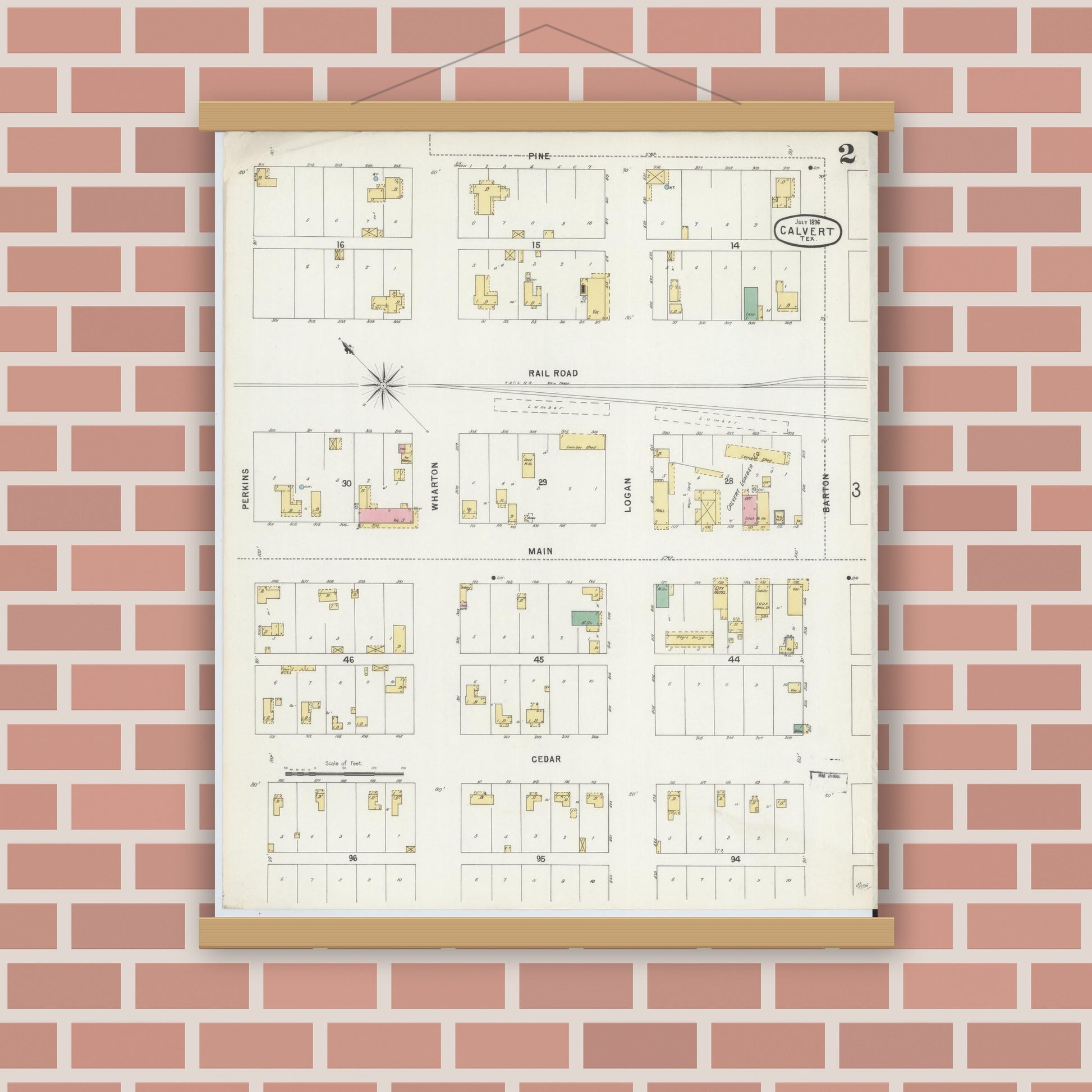 Old map wall art mockup — magnetic wood frame on brick wall — Sanborn Fire Insurance Map from Calvert, Robertson County, Texas (1896), Sheet #0002