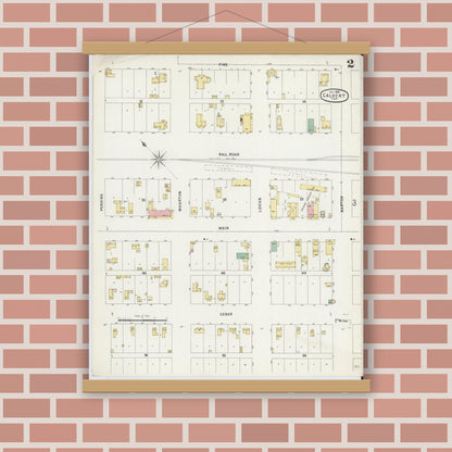Old map wall art mockup — magnetic wood frame on brick wall — Sanborn Fire Insurance Map from Calvert, Robertson County, Texas (1896), Sheet #0002