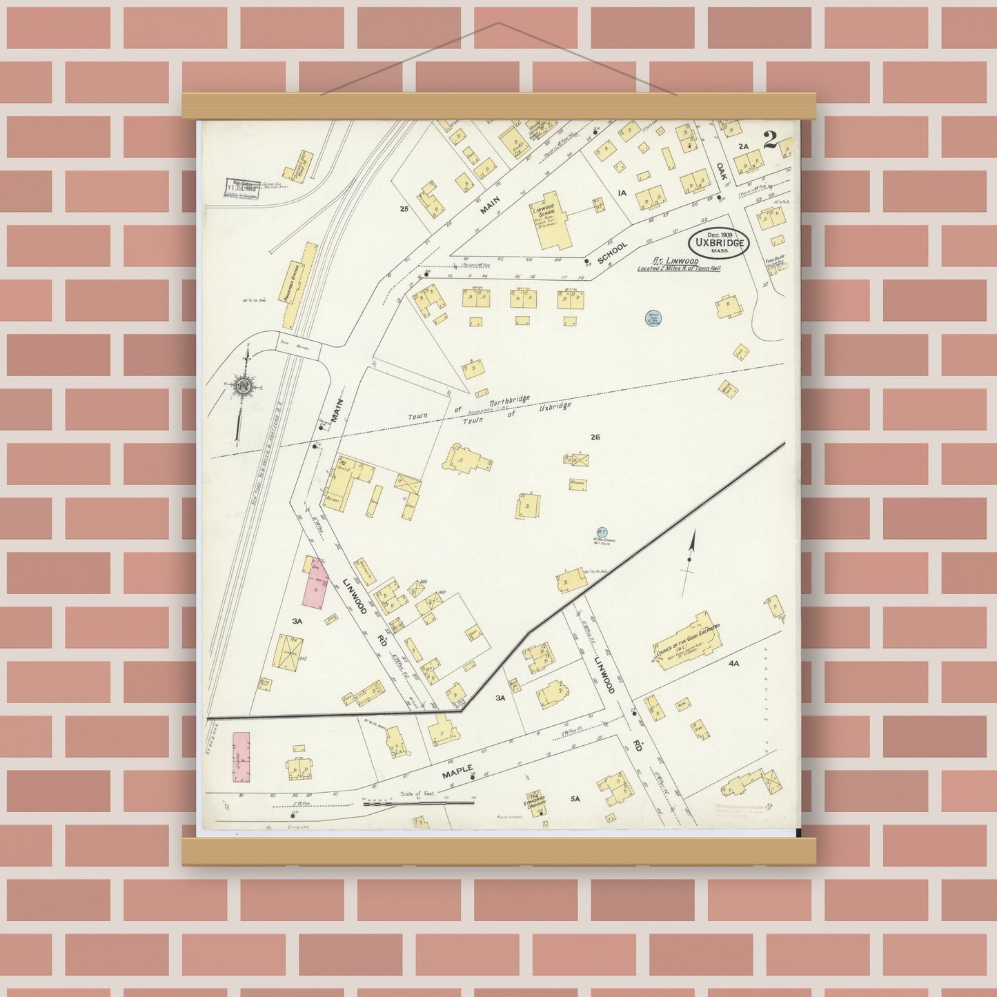 Old map wall art mockup — magnetic wood frame on brick wall — Sanborn Fire Insurance Map from Uxbridge, Worcester County, Massachusetts (1909), Sheet #0002