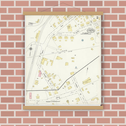 Old map wall art mockup — magnetic wood frame on brick wall — Sanborn Fire Insurance Map from Uxbridge, Worcester County, Massachusetts (1909), Sheet #0002