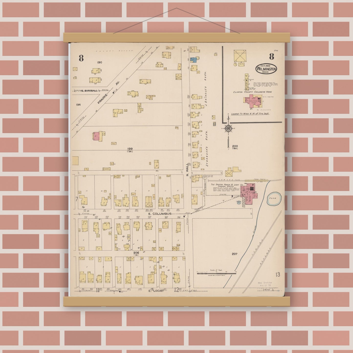 Old map wall art mockup — magnetic wood frame on brick wall — Sanborn Fire Insurance Map from Wilmington, Clinton County, Ohio (1922), Sheet #0008
