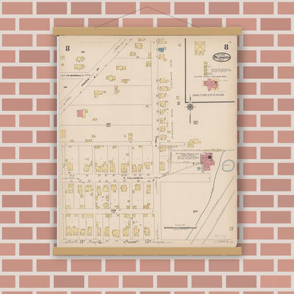 Old map wall art mockup — magnetic wood frame on brick wall — Sanborn Fire Insurance Map from Wilmington, Clinton County, Ohio (1922), Sheet #0008