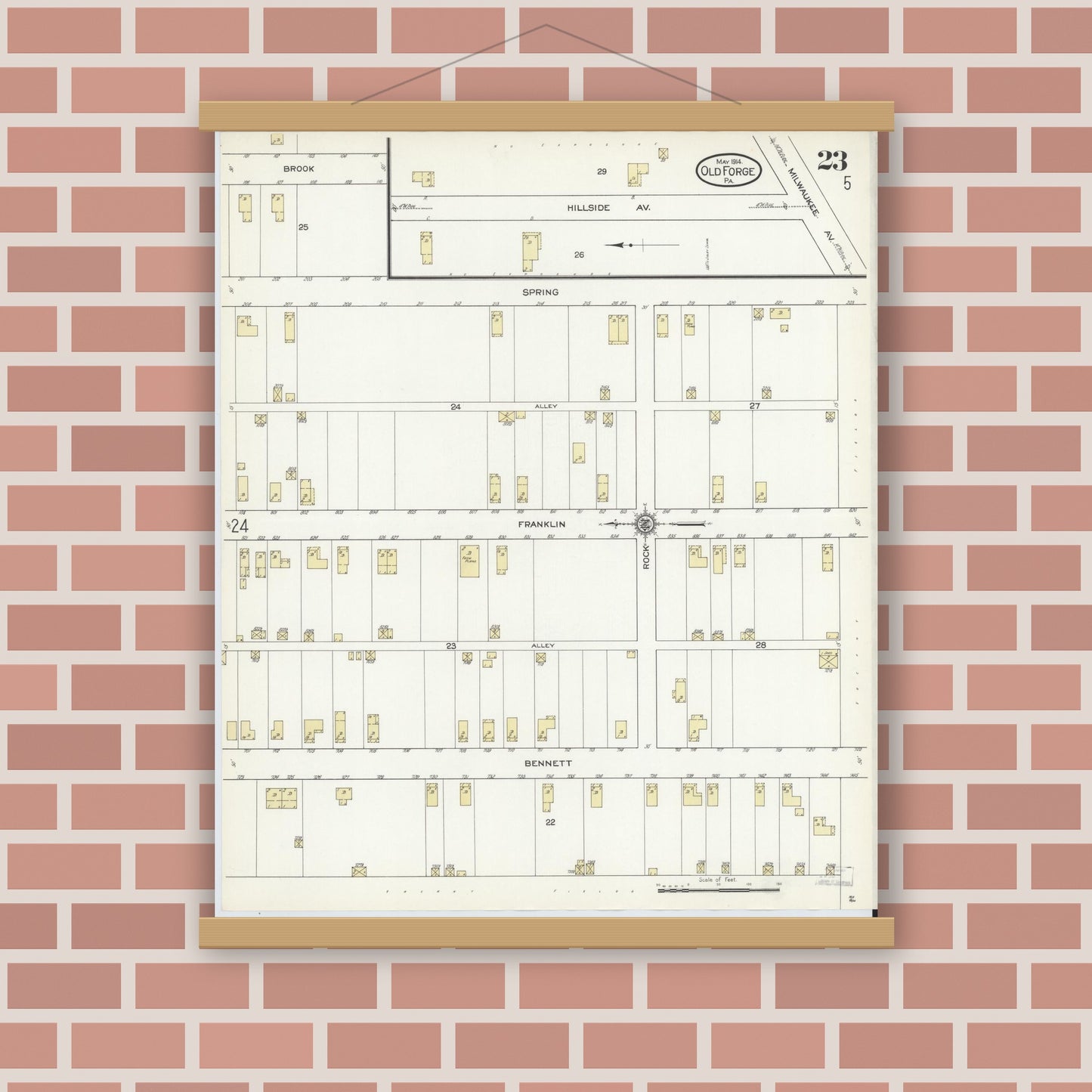 Old map wall art mockup — magnetic wood frame on brick wall — Sanborn Fire Insurance Map from Old Forge, Lackawanna County, Pennsylvania (1914), Sheet #0023
