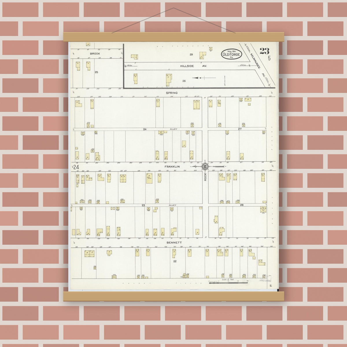 Old map wall art mockup — magnetic wood frame on brick wall — Sanborn Fire Insurance Map from Old Forge, Lackawanna County, Pennsylvania (1914), Sheet #0023