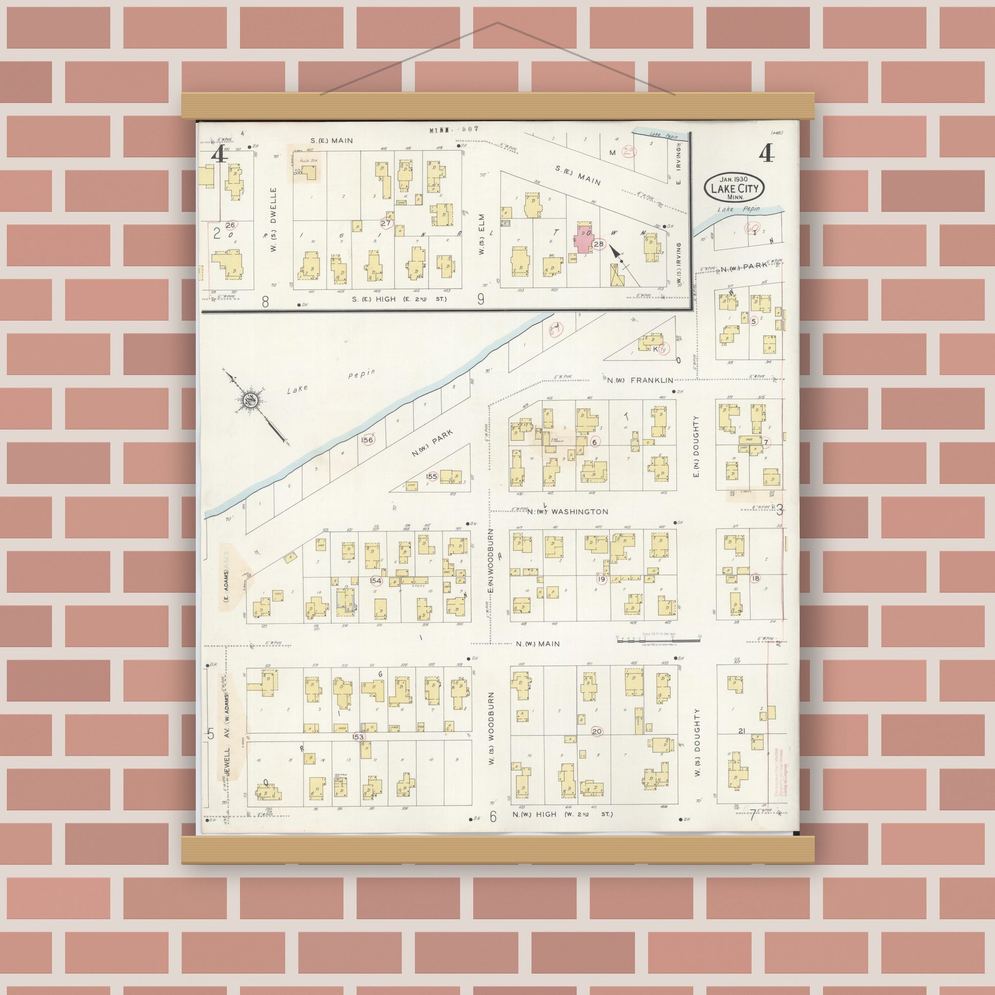 Old map wall art mockup — magnetic wood frame on brick wall — Sanborn Fire Insurance Map from Lake City, Wabasha County, Minnesota (1938), Sheet #0004