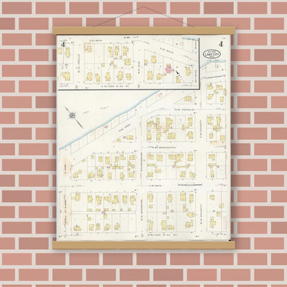 Old map wall art mockup — magnetic wood frame on brick wall — Sanborn Fire Insurance Map from Lake City, Wabasha County, Minnesota (1938), Sheet #0004